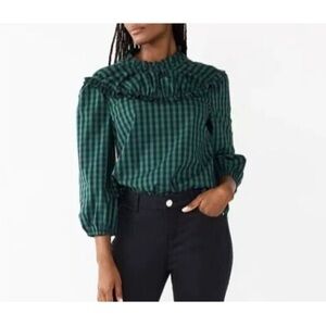 Draper James Emerald and Black Check Ruffle Top